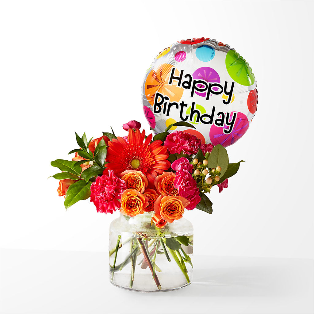 Fiesta Bouquet with Birthday Balloon – Oceanside Florist, Oceanside NY