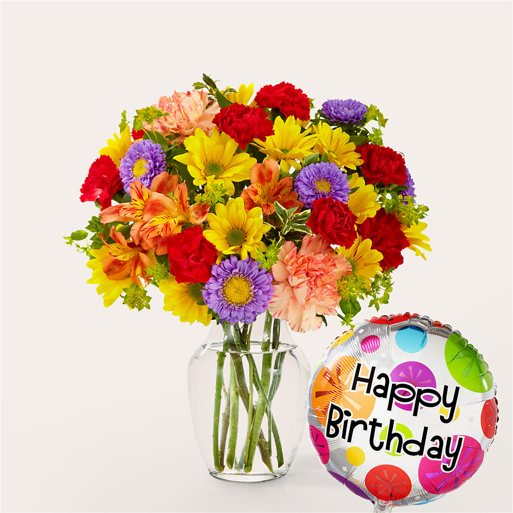 Kaleidoscope Bouquet with Birthday Balloon – Oceanside Florist, Oceanside NY
