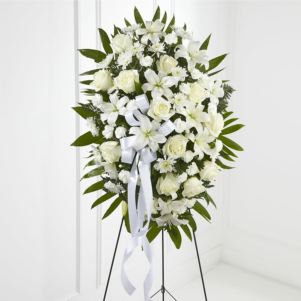 Exquisite Tribute Standing Spray-White Ribbon – Oceanside Florist, Oceanside NY