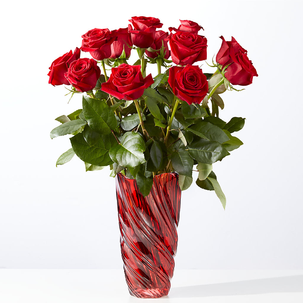 Classic Love Red Rose Bouquet with Luxe Swirl Vase – Oceanside Florist, Oceanside NY