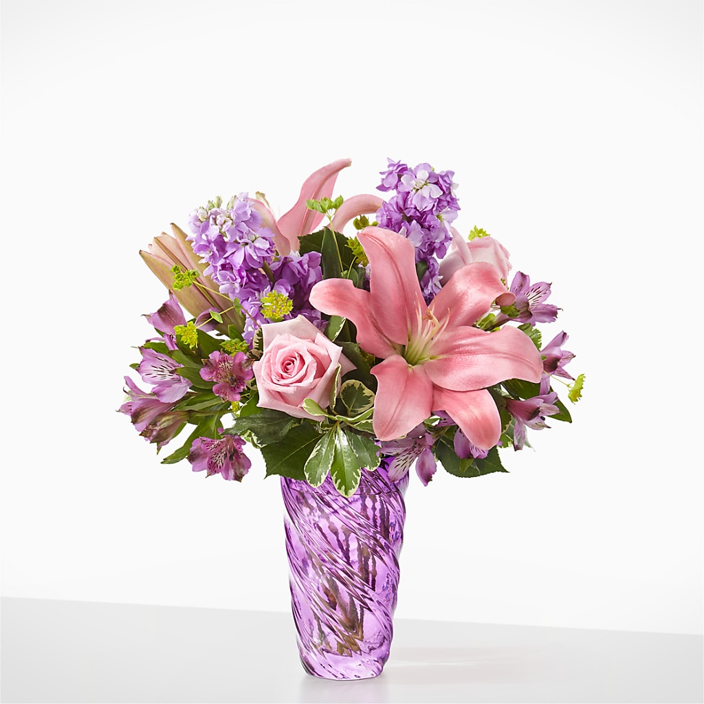 Precious Petals Bouquet with Luxe Swirl Vase – Oceanside Florist, Oceanside NY
